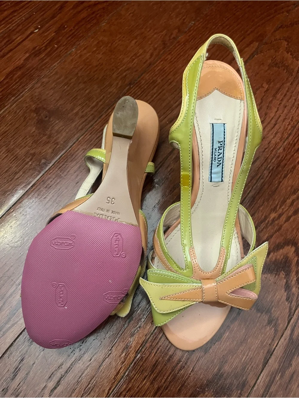 PRADA Lime Green and Beige Bow T-Strap Heels - Picture 3 of 6